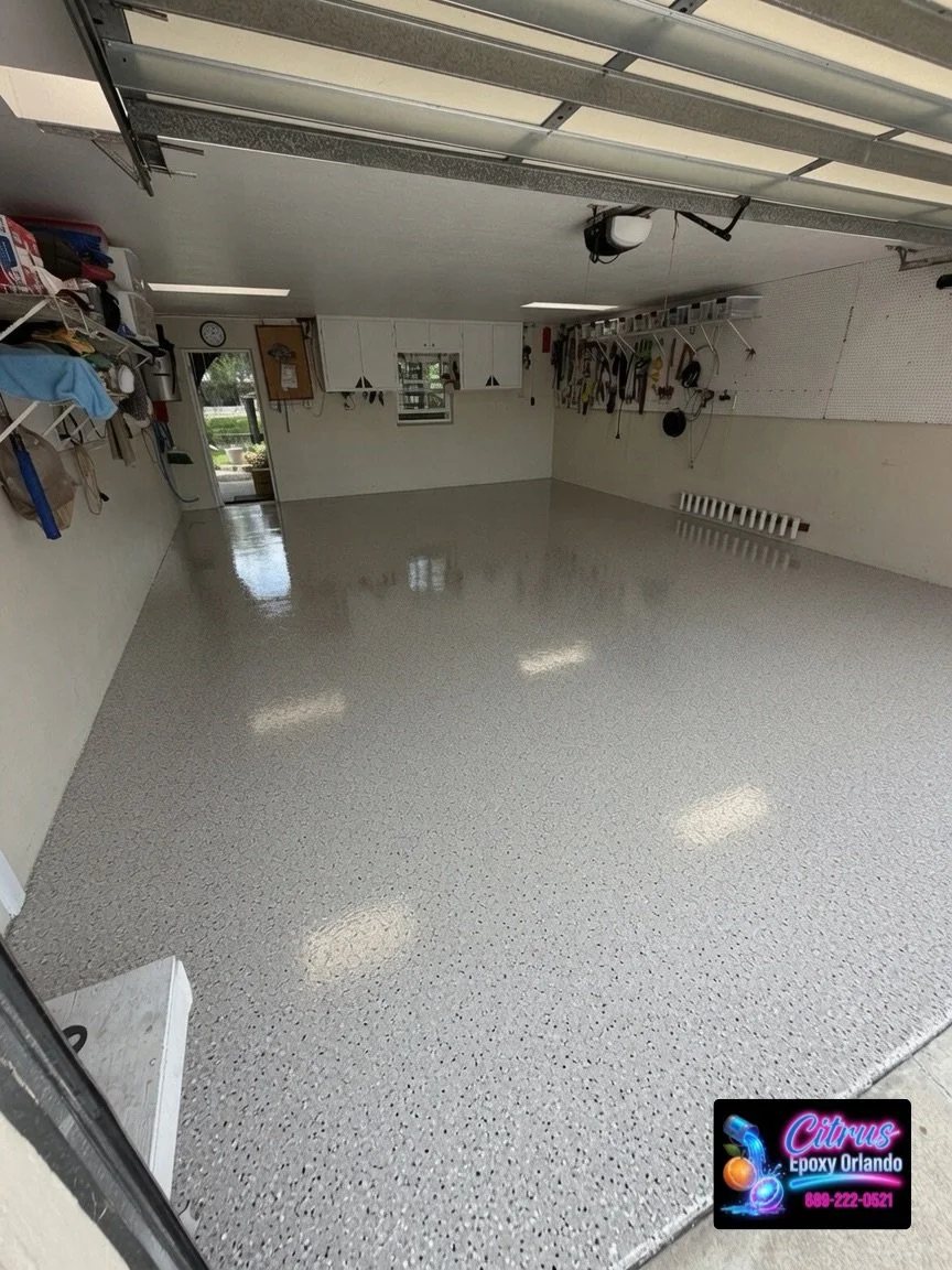 Finished two-car garage with flake epoxy floor