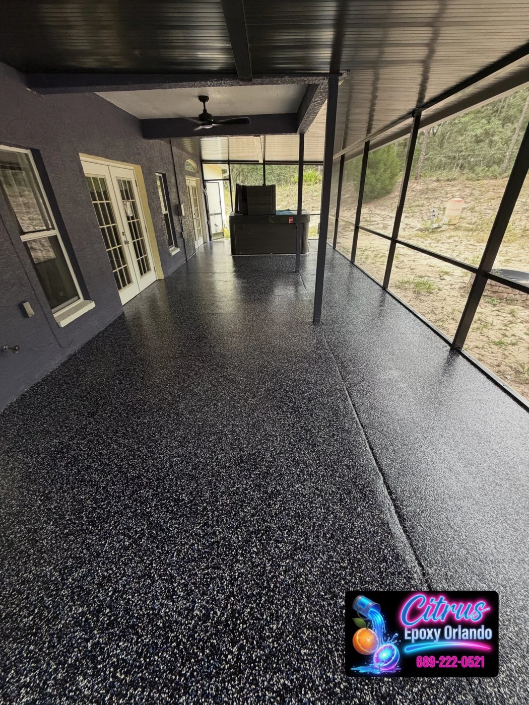 Screened lanai with fresh flake epoxy floor