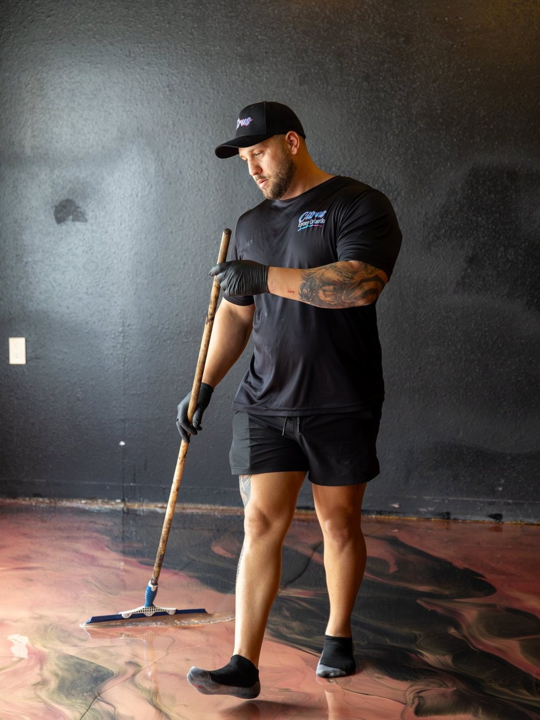 Spreading a metallic epoxy pour by hand